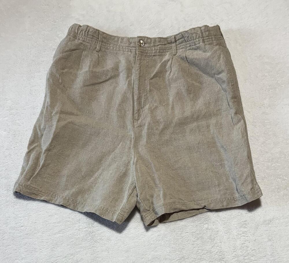Vintage L.L.Bean Linen Shorts Womens 16 Beige Khaki Pleated Pockets